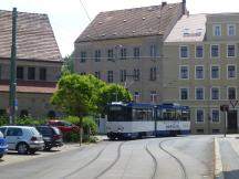 Gleisverschwenkung an der Jakobuskirche Ecke Zittauer Str, Fahrtrichtung Königshufen