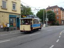 Tw 222 (Bj 1904) auf der Daimlerstr an der Ausfahrt der Straßenbahnwelt Stuttgart