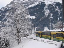 verschneite Landschaft und Niederflur-TW Bhe 4/8 bei Grindelwald
