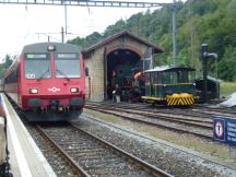 (l) S4 nach Zürich, (r) Dampflok und hist. Rangierlok in Sihlbrugg