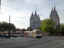 South Temple Ecke Main St, im Hintergrund der Mormonentempel